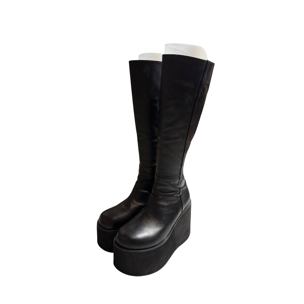 Black Leather Knee High Platform Wedge Boots Goth Punk Tall Zip Up Boots